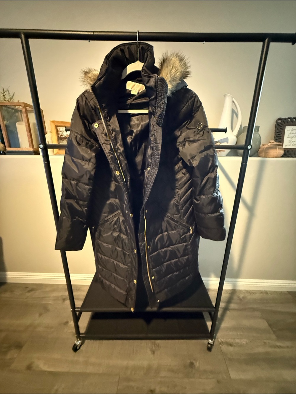 Michael Kors Black Quilted Long Puffer Coat with Faux Fur Hood